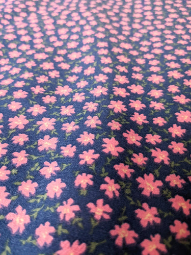 Blue Poly Cotton Fabric, Pink Flower Garden Fabric, Floral Fabric